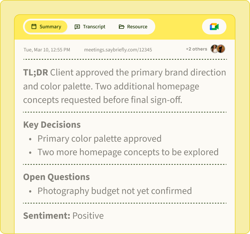 Meeting summary feature showing summary panel